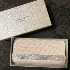 Judith Leiber Silver fabric with Crystal stripe Perry-style clutch - never used
